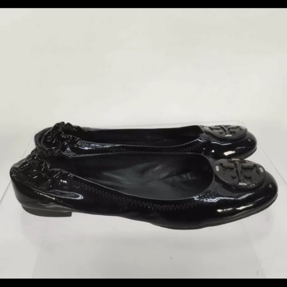 Tory Burch Black Patent Leather Embroidered Logo Reva Flats SZ 8 - Picture 3 of 6